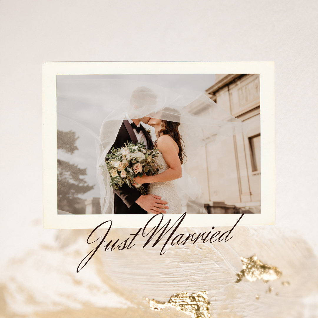 Romantic wedding photo card design featuring a retro-style photo of a couple kissing
